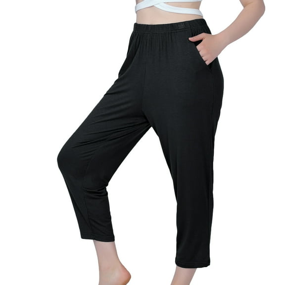 Defitshape Women's Plus Size Pajama Pant Pj Bottom Mid Rise Summer Thin Stretch Sleep Bottoms Black 3X-Large