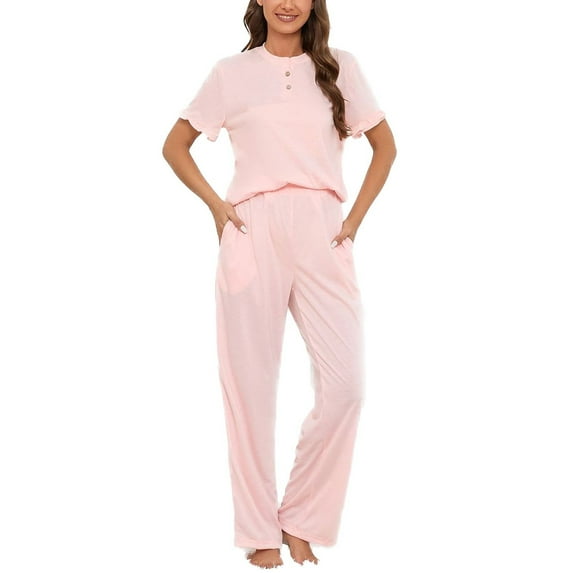 Defitshape Women's Plus Size Pajama Set Summer Lounge Set 2 Piece Comfy Spring Short Sleeve Shirt Full Length Pants Set Loose Fit Soft Pj Set Fall Sleepwear with Pockets Pink XX-Large