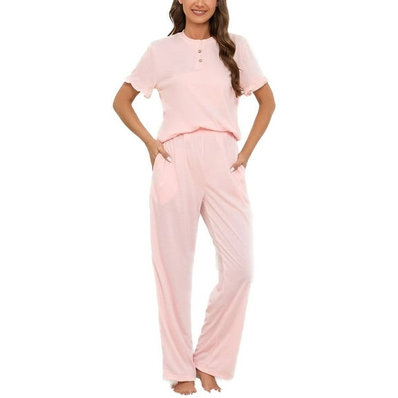 Defitshape Women's Plus Size Pajama Set Summer Lounge Set 2 Piece Comfy Spring Short Sleeve Shirt Full Length Pants Set Loose Fit Soft Pj Set Fall Sleepwear with Pockets Pink 4X-Large