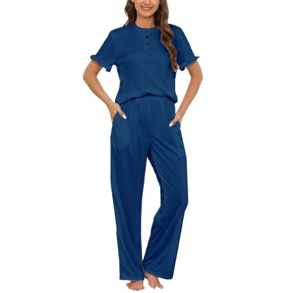 Defitshape Women's Plus Size Pajama Set Summer Lounge Set 2 Piece Comfy Spring Short Sleeve Shirt Full Length Pants Set Loose Fit Soft Pj Set Fall Sleepwear with Pockets Dark Blue 3X-Large