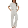 thumbnail image 1 of Defitshape Women's Plus Size Pajama Set Summer Lounge Set 2 Piece Comfy Spring Short Sleeve Shirt Full Length Pants Set Loose Fit Soft Pj Set Fall Sleepwear with Pockets Grey 4X-Large, 1 of 4