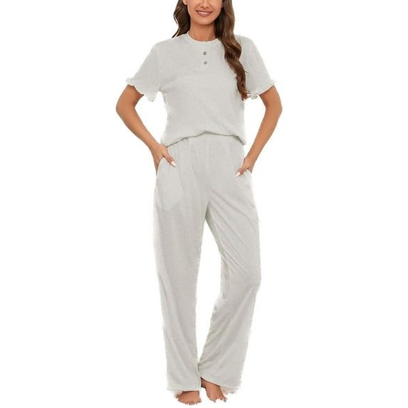 Defitshape Women's Plus Size Pajama Set Summer Lounge Set 2 Piece Comfy Spring Short Sleeve Shirt Full Length Pants Set Loose Fit Soft Pj Set Fall Sleepwear with Pockets Grey 4X-Large