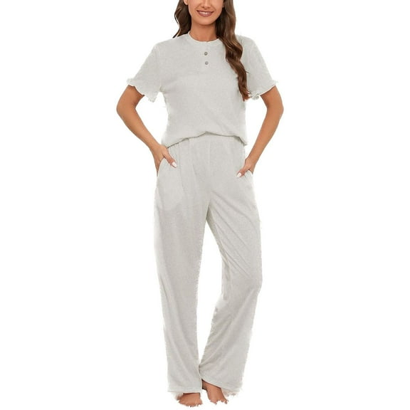 Defitshape Women's Plus Size Pajama Set Summer Lounge Set 2 Piece Comfy Spring Short Sleeve Shirt Full Length Pants Set Loose Fit Soft Pj Set Fall Sleepwear with Pockets Grey 4X-Large