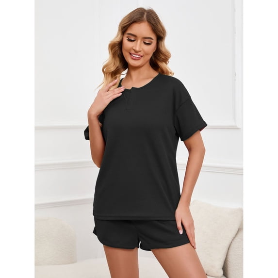 Defitshape Women's Plus Size Pajama Set Waffle Knit 2 Piece Summer Sleepwear Pjs Short Sleeve Shorts Set Soft Lounge Set Comfy Sleepwear with Pockets Black Large