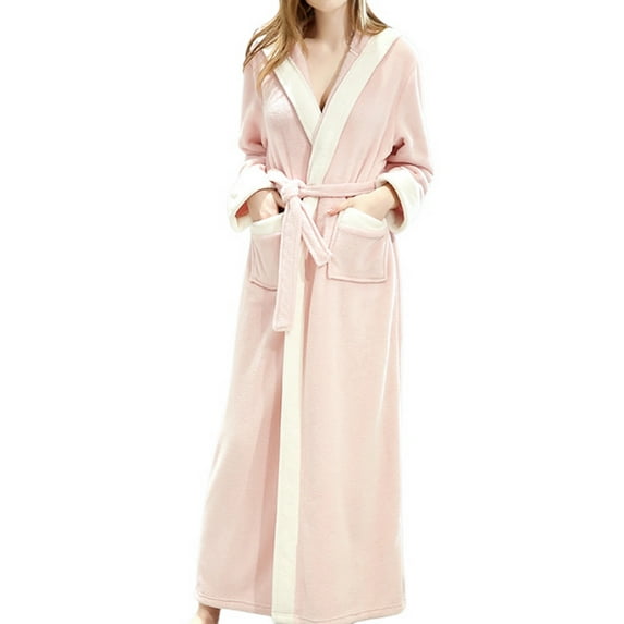 Defitshape Women's Plush Full Length Robe with Hood Ladies Soft Long Fluffy Hooded Bathrobe Winter Fuzzy Fleece House Coat Maternity SPA Hotel Hot Tub Bath Warm Kimono Pockets Pink X-Large