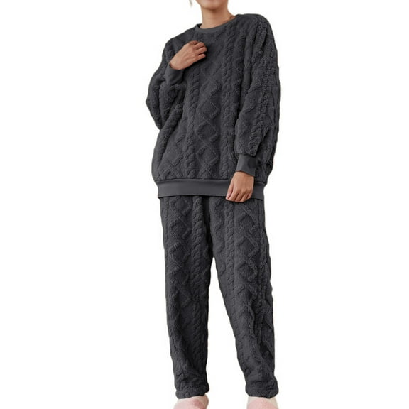 Defitshape Women's Plush Pajama Set Winter Warm Soft 2 Piece Long Sleeve Shirt Pants Fuzzy Fleece Pjs Cute Fluffy Loungewear Solid Cozy Oversized Baggy Pullover Lounge Set Pockets Dark Grey Large