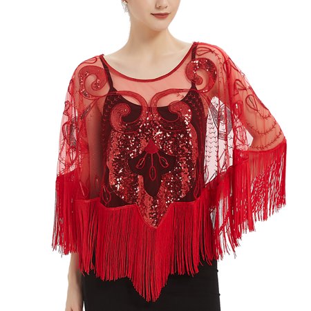 Defitshape Women's Poncho Capelet Sequin Cape Shrug Tulle Boat Neck Sheer Fringe Sexy Bridal Embroidered Red Small-X-Large