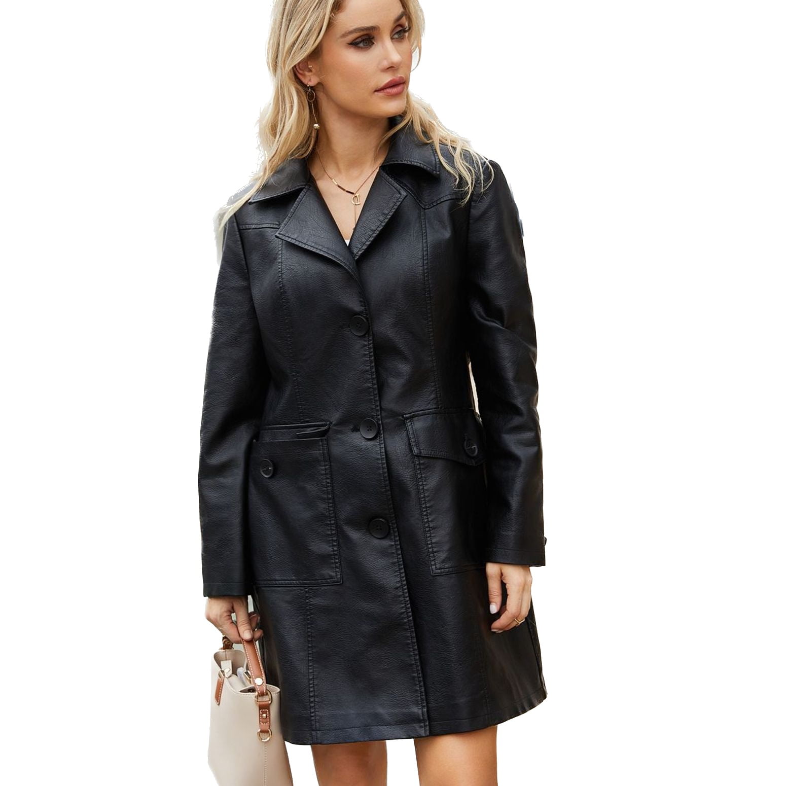 Defitshape Women's Pu Faux Leather Coat Button Down Pockets Single Breasted Trench Coat Casual Lapel Collar Long Sleeve Fall Top Long Blazer Jacket Black 3X-Large