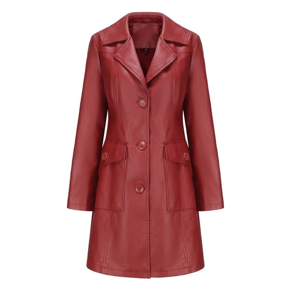 Defitshape Women's Pu Faux Leather Coat Button Down Pockets Single Breasted Trench Coat Casual Lapel Collar Long Sleeve Fall Top Long Blazer Jacket Burgundy X-Large