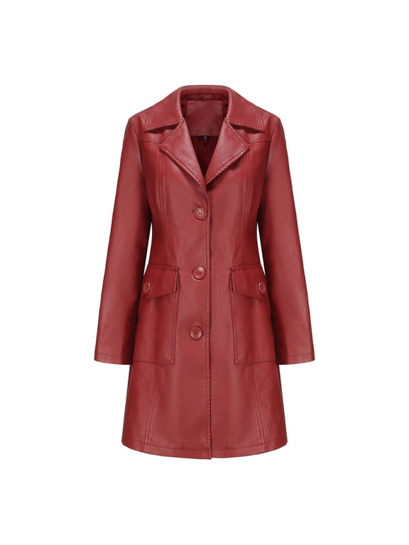 Women's Pu Faux Leather Coat Button Down Pockets Single Breasted Trench Coat Casual Lapel Collar Long Sleeve Fall Top Long Blazer Jacket Burgundy 3X-Large