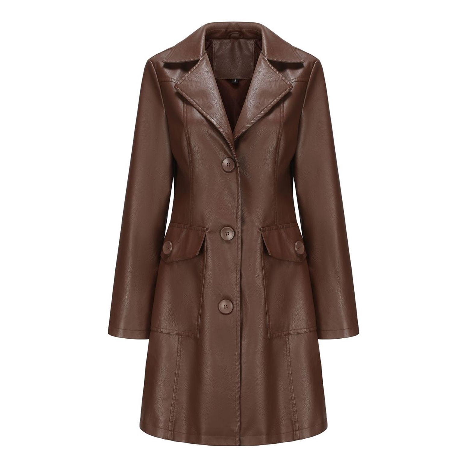 Defitshape Women's Pu Faux Leather Coat Button Down Pockets Single Breasted Trench Coat Casual Lapel Collar Long Sleeve Fall Top Long Blazer Jacket Coffee Medium