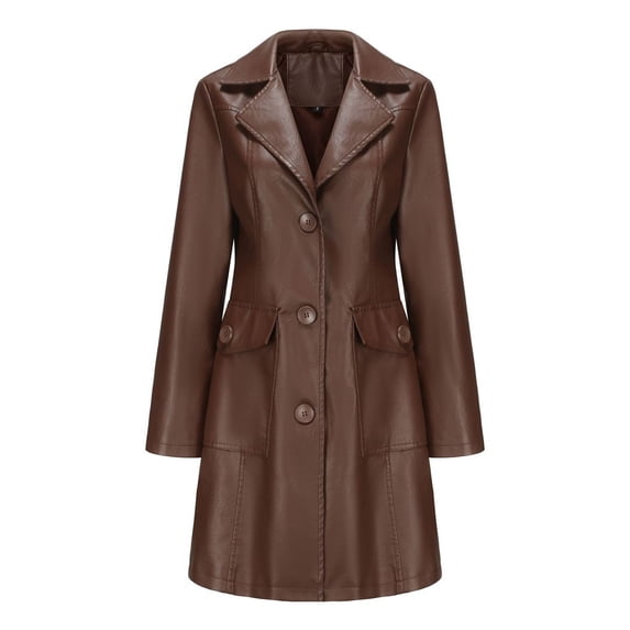 Defitshape Women's Pu Faux Leather Coat Button Down Pockets Single Breasted Trench Coat Casual Lapel Collar Long Sleeve Fall Top Long Blazer Jacket Coffee X-Large