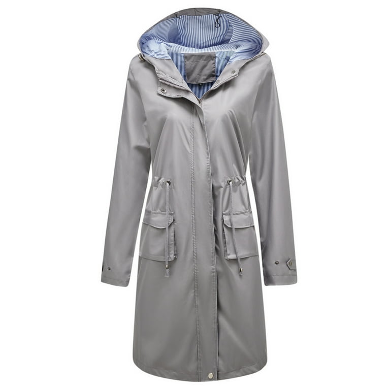 Defitshape Women's Raincoat Hooded Rain Jacket Long Casual Full