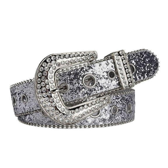 Defitshape Women's Rhinestone Belt Metal Adjustable Belts Fashion Vintage Sparkle Bling Medium Metal Buckle Silver Small-X-Large