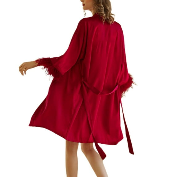 Defitshape Women's Robe Summer Pjs Valentines Day Lightweight Satin Bathrobe Comfy Feather Wedding Luxury Feather Bridal Robe Sleepwear Burgundy Small