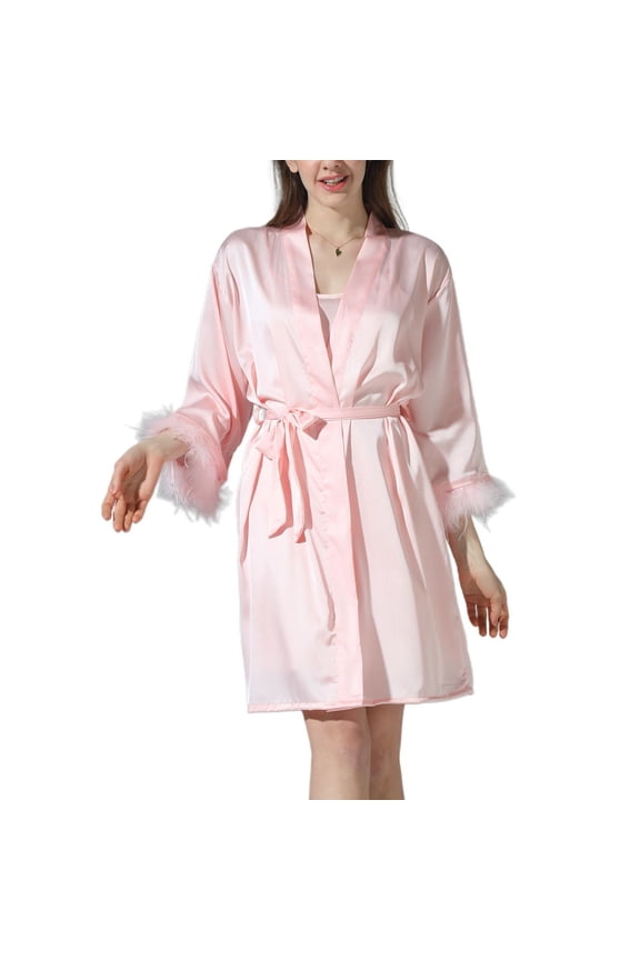 Women's Robe Summer Pjs Valentines Day Lightweight Satin Bathrobe Comfy Feather Wedding Luxury Feather Bridal Robe Sleepwear Pink Large