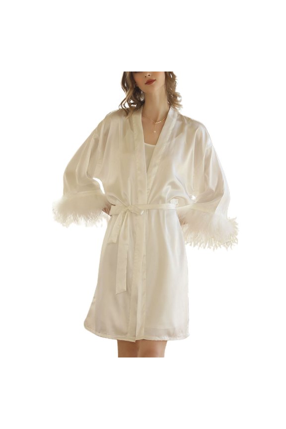 Women's Robe Summer Pjs Valentines Day Lightweight Satin Bathrobe Comfy Feather Wedding Luxury Feather Bridal Robe Sleepwear White Large
