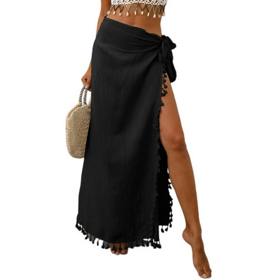 Defitshape Women's Sarong Swimsuit Coverups Chiffon Beachwear Long Bikini Wraps Knotted Lightweight Comfy Uv Protection Beach Cover Up Skirt Black Small-X-Large