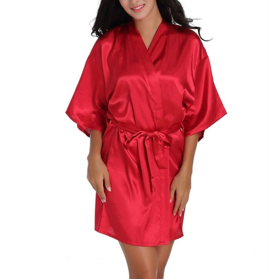 Defitshape Women's Satin Kimono Bath Robe Billowy Bathrobe Short Sleeve Bell Bridesmaid Half Sleeved Engagement Elegant Burgundy X-Small