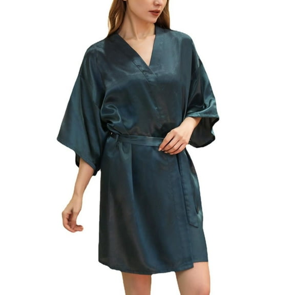 Defitshape Women's Satin Kimono Bath Robe Billowy Bathrobe Short Sleeve Bell Bridesmaid Half Sleeved Engagement Elegant Dark Green X-Small
