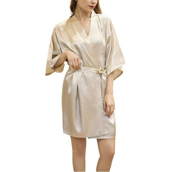 Defitshape Women's Satin Kimono Bath Robe Billowy Bathrobe Short Sleeve Bell Bridesmaid Half Sleeved Engagement Elegant Golden Small