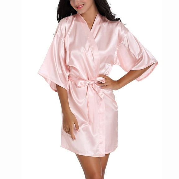 Defitshape Women's Satin Kimono Bath Robe Billowy Bathrobe Short Sleeve Bell Bridesmaid Half Sleeved Engagement Elegant Light Pink Large
