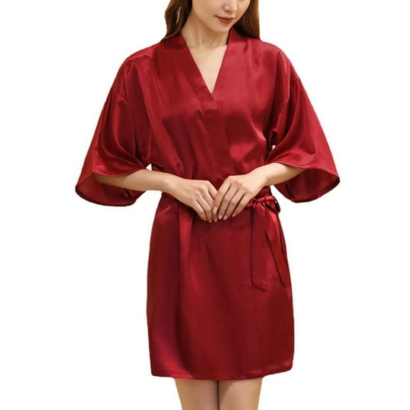Defitshape Women's Satin Kimono Bath Robe Billowy Bathrobe Short Sleeve Bell Bridesmaid Half Sleeved Engagement Elegant Red Large