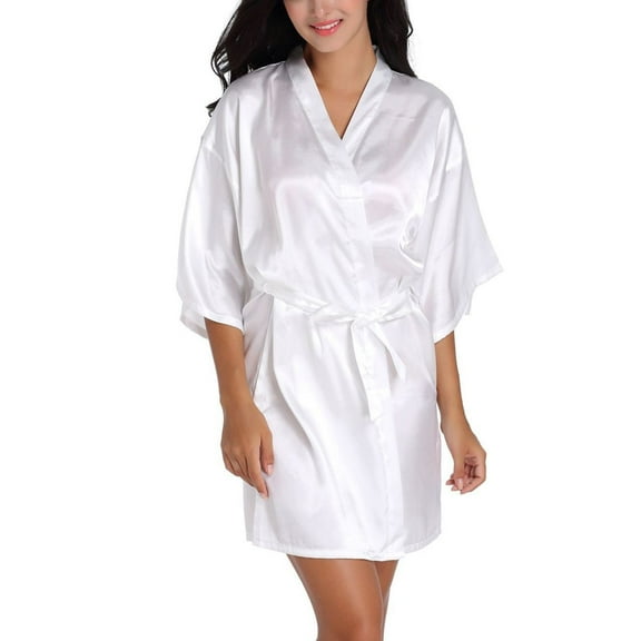 Defitshape Women's Satin Kimono Bath Robe Billowy Bathrobe Short Sleeve Bell Bridesmaid Half Sleeved Engagement Elegant White Large