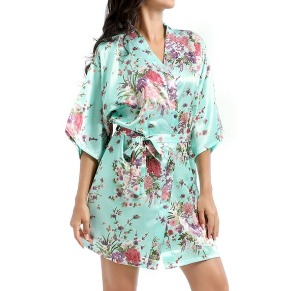 Defitshape Women's Satin Kimono Robe Lightweight Silk V Neck Pattern Dressing Gown Floral Print Bathrobe Short Belted Spa Sleepwear Bridal Bride 3/4 Sleeve Green Large