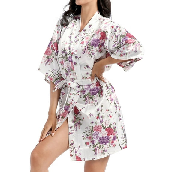 Defitshape Women's Satin Kimono Robe Lightweight Silk V Neck Pattern Dressing Gown Floral Print Bathrobe Short Belted Spa Sleepwear Bridal Bride 3/4 Sleeve White XX-Large