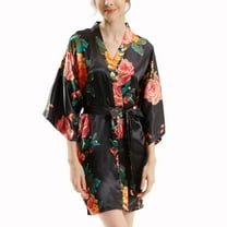 Defitshape Women's Satin Kimono Robes Silk Short Floral Robe Bride Bathrobe Bridesmaid Party Holiday V Neck Spring Summer Soft Bath Robe Black Small-X-Large