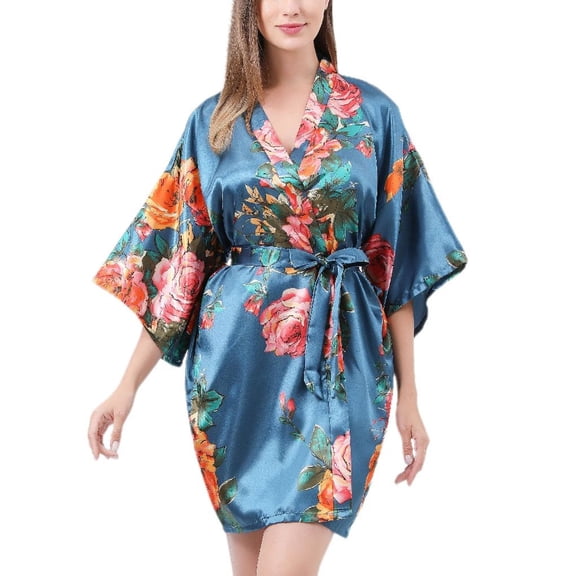 Defitshape Women's Satin Kimono Robes Silk Short Floral Robe Bride Bathrobe Bridesmaid Party Holiday V Neck Spring Summer Soft Bath Robe Dark Blue Small-X-Large