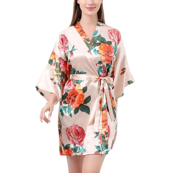 Defitshape Women's Satin Kimono Robes Silk Short Floral Robe Bride Bathrobe Bridesmaid Party Holiday V Neck Spring Summer Soft Bath Robe Golden Small-X-Large