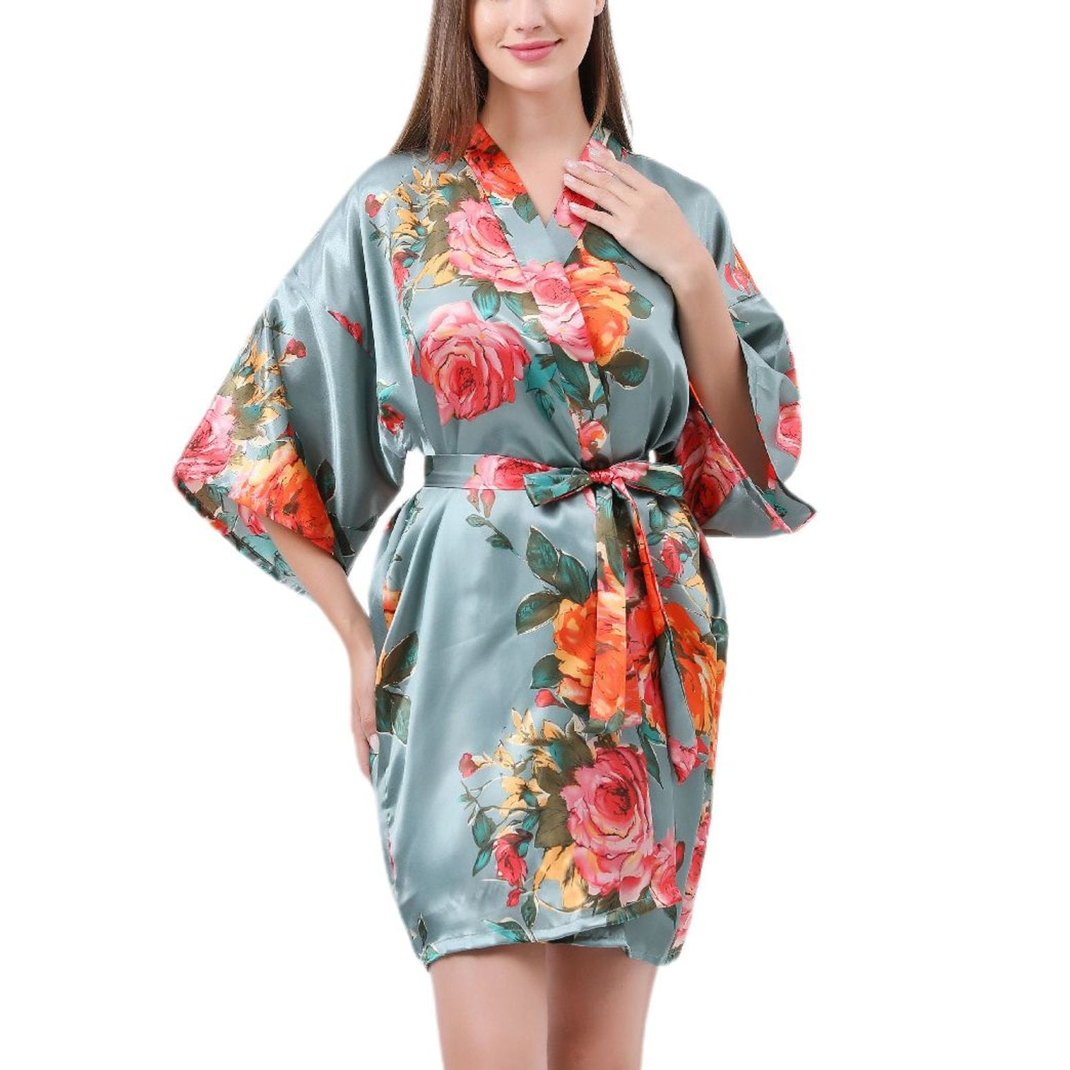 Women's Satin Wedding Kimono Robe With Rhinestones - Bride & Bridesmaid Getting Ready Robe, White, Small