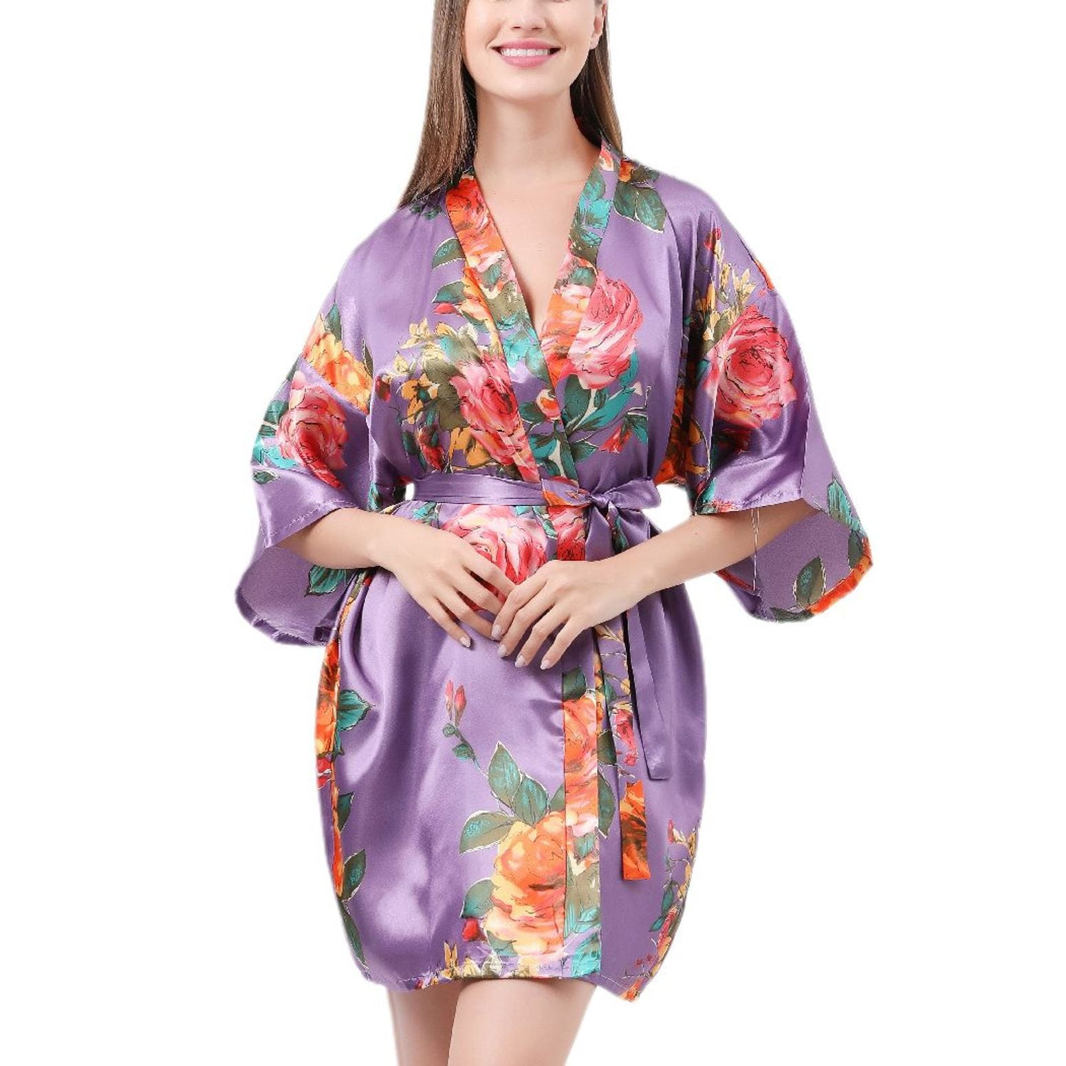 Spring Robe Floral Defitshape Women's Satin Kimono Robes Silk Short Floral Robe Bride ...