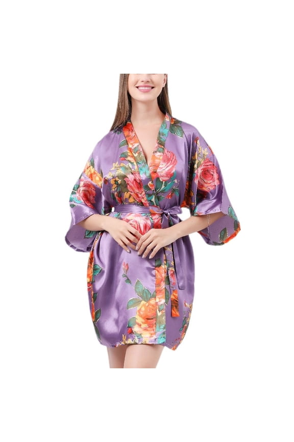 Women's Satin Kimono Robes Silk Short Floral Robe Bride Bathrobe Bridesmaid Party Holiday V Neck Spring Summer Soft Bath Robe Purple Small-X-Large