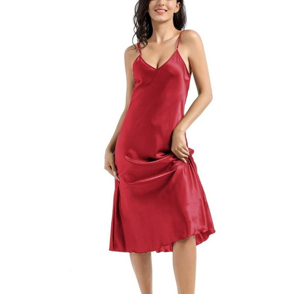 Defitshape Women's Satin Nightgown Chemise Full Slip Lingerie Valentines Day Sleeping Fashion Comfy Cami Fall Sexy Loose Loungewear Amaranth 18