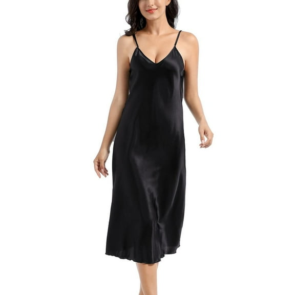 Defitshape Women's Satin Nightgown Chemise Full Slip Lingerie Valentines Day Sleeping Fashion Comfy Cami Fall Sexy Loose Loungewear Black 8-10