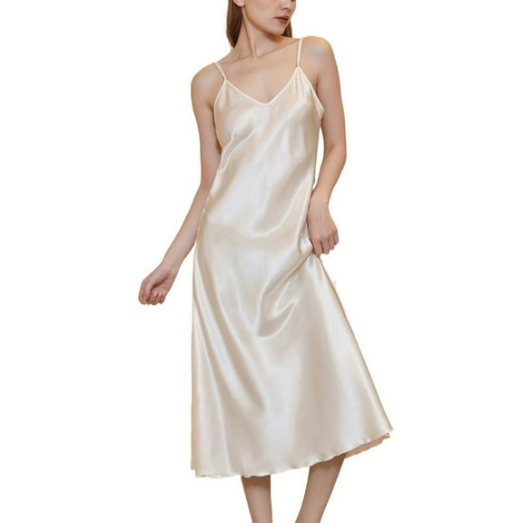 Defitshape Women's Satin Nightgown Chemise Full Slip Lingerie Valentines Day Sleeping Fashion Comfy Cami Fall Sexy Loose Loungewear Golden 12-14
