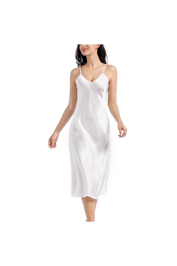 Women's Satin Nightgown Chemise Full Slip Lingerie Valentines Day Sleeping Fashion Comfy Cami Fall Sexy Loose Loungewear White 12-14