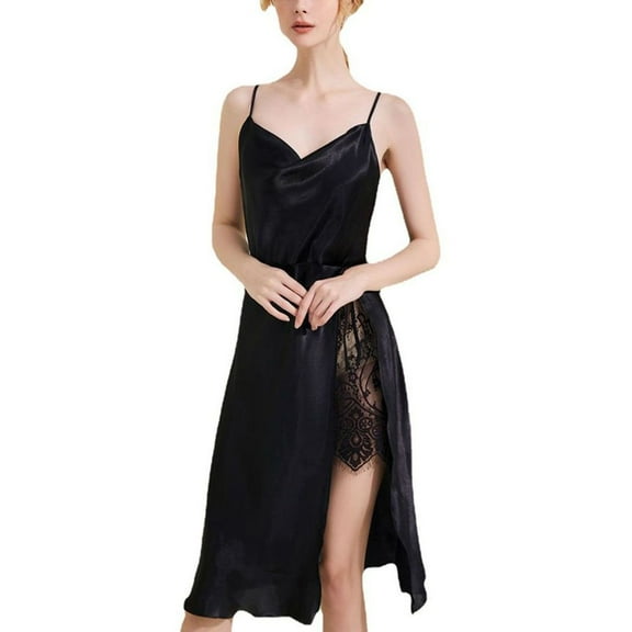 Defitshape Women's Satin Nightgown Cowl Neck Chemise Midi Sleep Dress Backless Lace High Slit Night Dress Silky Cami Soft Summer Silk Sleepwear Black X-Large