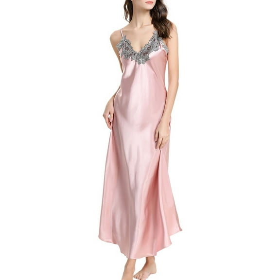 Defitshape Women's Satin Nightgown Full Length Lace V-Neck Pajamas Dress Sexy Pjs Silky Long Summer Lounging Lightweight Sleepwear Pink Large