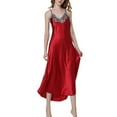 thumbnail image 1 of Defitshape Women's Satin Nightgown Full Length Lace V-Neck Pajamas Dress Sexy Pjs Silky Long Summer Lounging Lightweight Sleepwear Red X-Large, 1 of 4