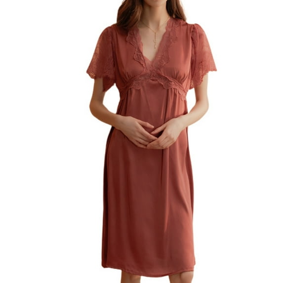 Defitshape Women's Satin Nightgown Summer Lace Flutter Short Sleeve Midi Pajama Dress Sexy Silky Sleep Shirt Deep V Neck Frilly Cutout Nighty Sleepwear Coffee 14