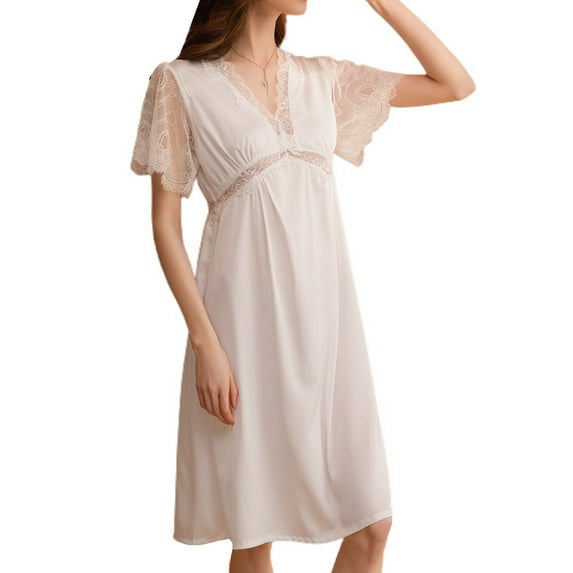 Defitshape Women's Satin Nightgown Summer Lace Flutter Short Sleeve Midi Pajama Dress Sexy Silky Sleep Shirt Deep V Neck Frilly Cutout Nighty Sleepwear White 4-6