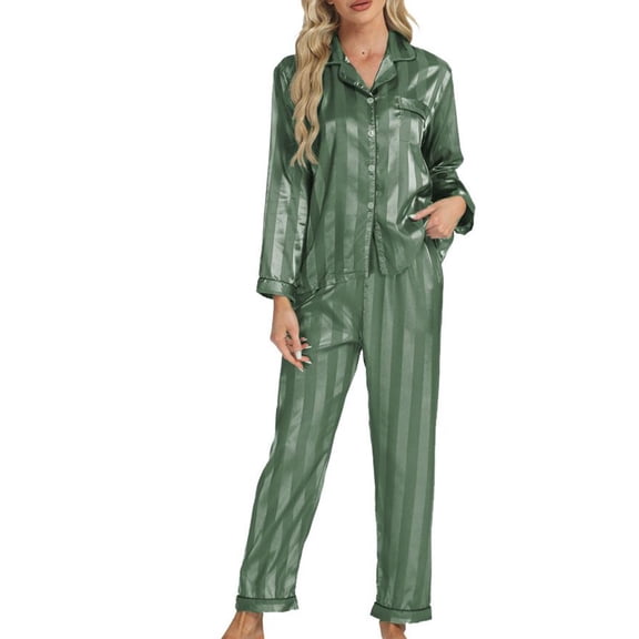 Defitshape Women's Satin Pajama Set Luxury Striped Spring Fall Sleepwear Soft 2 Piece Long Sleeve Button Up Collared Shirt Pants Set Lightweight Pjs Lounge Comfy Pj Set Green Large