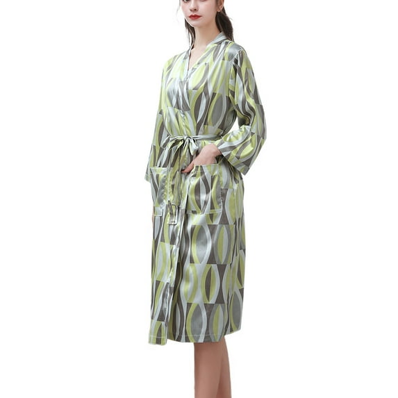 Defitshape Women's Satin Pajamas Long Robe Summer Lightweight Winter Fall Comfy Thin Silky 3/4 Sleeve Bathrobe Yellow Medium