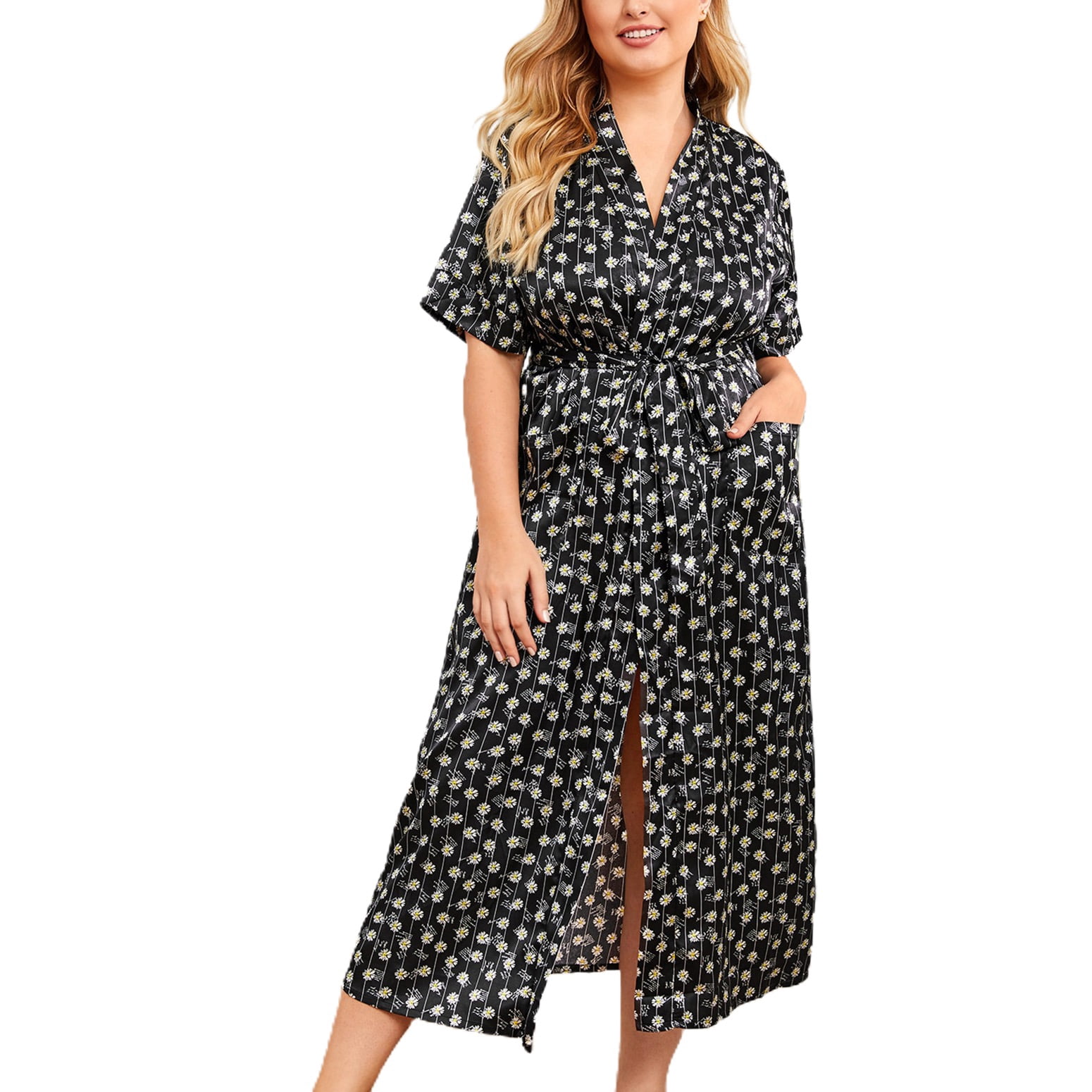 Women Robes Sleepwear Kimono Pajamas Pure Long Black Silk Satin Lace Trim