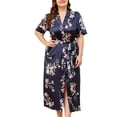 thumbnail image 1 of Defitshape Women's Satin Pajamas Short Sleeve Kimono Robe Summer Silky Cozy Soft Cool Thin Vintage Sleeping Kimono Navy 18W, 1 of 4