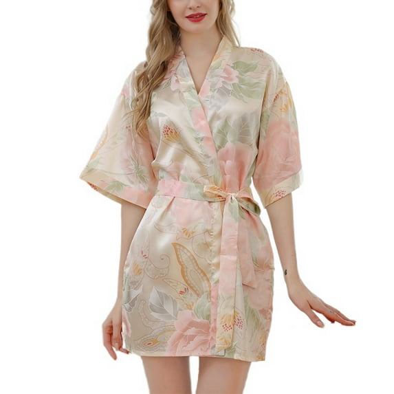 Defitshape Women's Satin Robe Floral Sexy Short Sleeve Kimono Soft Summer V Neck Wrap Bridesmaid Lightweight Short Kimono Robe Sleepwear Golden Small